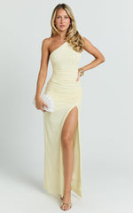 Georgia Maxi Dress - Mesh One Shoulder Ruched Bodycon Dress in Lemon