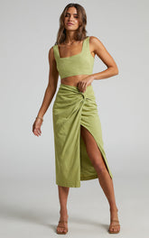 Gibson Two Piece Top and Skirt Set - Linen Crop Top and Knot Front Midi Skirt Set in Celery