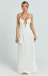 Hathaway Maxi Dress - U Shaped Neck Pleated Dress in Ivory