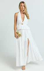 Heidi Midi Dress - Deep V Plunge Halter Neck Brooch Detail Split Skirt Dress in White