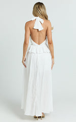 Heidi Midi Dress - Deep V Plunge Halter Neck Brooch Detail Split Skirt Dress in White