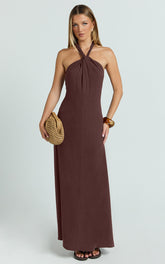 Hilda Maxi Dress - Knot Detail Halter Neck Maxi Dress in Chocolate