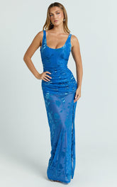 Inez Maxi Dress - Scoop Neck Gathered Front Split Dress in Blue