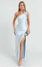 Isla Maxi Dress - Satin One Shoulder Side Split Dress in Sky Blue