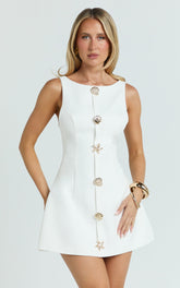 Izzy Mini Dress - Gold Trims Feature Tulip Skirt Dress in White