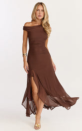 Judee Midi Dress - One Shoulder High Side Split Dress in Chocolate