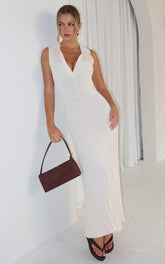 Kara Maxi Dress - Sleeveless Collared V Neck Knit Dress in Cream