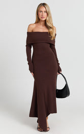 Karina Midi Dress - Long Sleeve Folded Off Shoulder Asymmetric Dress in Chocolate