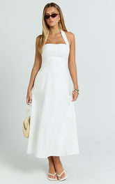 Karissa Midi Dress - Halter Neck Fitted Bodice Midi Soft A Line Skirt Dress in White
