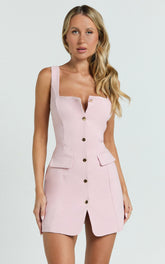 Kenna Mini Dress - Square Neck Button Down Mini Dress in Pink