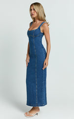 Kristie Midi Dress - Wide Neck Corset Detail Denim Dress in Dark Blue Wash