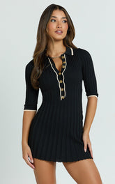 Lada Mini Dress - Short Sleeve Button Front Knit Dress in Black