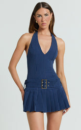 Leesha Mini Dress - Plunge Halter Fit And Flare Dress in Navy Blue