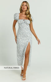 Leila Midi Dress - Puff Sleeve High Split Dress in White/Blue