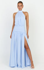 Lila Maxi Dress - Backless High Neck Halter Dress in Blue