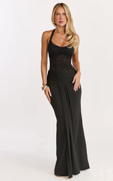 Melville Maxi Dress - Lace Bodice Draped Front Halter Dress in Black