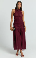 Metzie Midi Dress - High Neck Gathered Mesh Dress in Burgundy