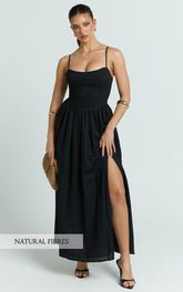 Morris Midi Dress - Linen Scoop Neck Gathered Dress in Black