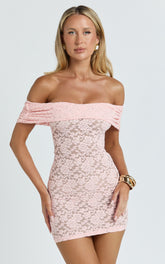 Nalani Mini Dress - Lace Off Shoulder Bodycon Dress in Pink