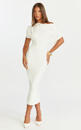 Nalfie Midi Dress - Tipped Shoulder Jersey Drape Dress in White