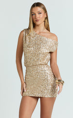 Nora Mini Dress - One Shoulder Blouson Fitted Dress in Gold