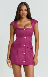 Patsy Mini Dress - Boucle Cap Sleeve Button Front Fitted Dress in Burgundy