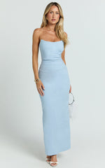 Pietra Midi Dress - Strapless Side Seam Tucks Fitted Dress in Soft Blue