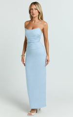 Pietra Midi Dress - Strapless Side Seam Tucks Fitted Dress in Soft Blue
