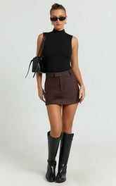 Priscilla Mini Skirt - Mid Waist Faux Suede Skirt in Dark Chocolate