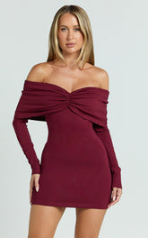 Rani Mini Dress - Off Shoulder Long Sleeve Bodycon Dress in Wine