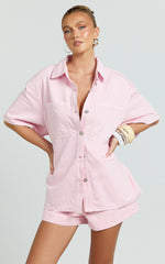 Rhianna Top - Oversized Recycled Denim Short Sleeve Shirt in Pink