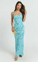 Robbie Maxi Dress - Strappy Scoop Neck Column Fitted Sequin Mesh Dress in Blue