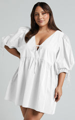 Rosita Mini Dress - Tie Front Puff Sleeve Dress in White