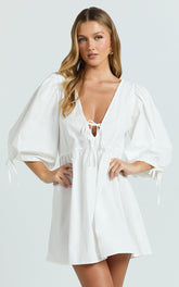Rosita Mini Dress - Tie Front Puff Sleeve Dress in White