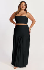 Rowan Two Piece Top and Skirt Set - Square Neck Crop Top and High Waist Pleated Maxi Skirt Set in Black