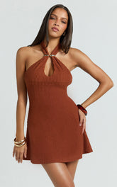 Roza Mini Dress - Halter Neck Brooch Detail A Line Dress in Brown