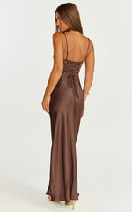 Rumi Midi Dress - Ruched Bodice Satin Dress in Chocolate