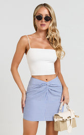 Sandra Mini Skirt - Twist Front Stripe Mini Skirt in Mid Blue Stripe