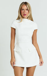 Savanna Mini Dress - High Neck Cap Sleeve Tulip Skirt Dress in White