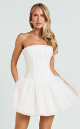 Selene Mini Dress - Ruched Corset Gathered Skirt Dress in Ivory