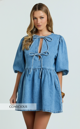 Shailene Mini Dress - Tie Front Puff Sleeve Recycled Denim Dress in Mid Blue Wash