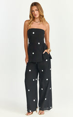 Skye Two Piece Set - Strapless Longline Top and Pant Set in Black Polka Dot