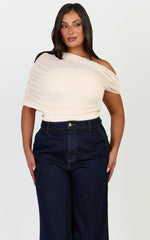 Sophia Top - Draped One Shoulder Mesh Overlay Top in Cream