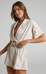 Thaisa Playsuit - Short Sleeve Collared Belted Playsuit in Biscuit