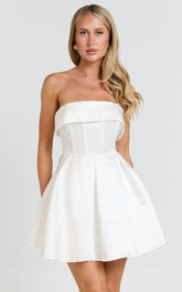 Valora Mini Dress - Strapless Fit and Flare Satin Dress in Ivory
