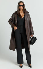 Vicki Trench Coat - Faux Leather Washed Trench Coat in Chocolate