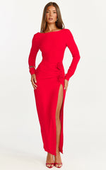 Vivienne Midi Dress - Boat Neck Long Sleeve Rosette Detail Dress in Red