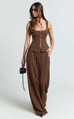 Xandria Pants - Double Pleated Wide Leg Pants in Brown
