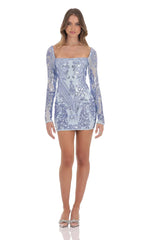 Sequin Pattern Long Sleeve Dress in Blue