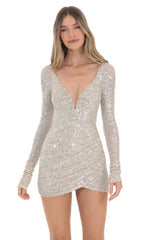 Sequin V-Neck Long Sleeve Dress in Champagne